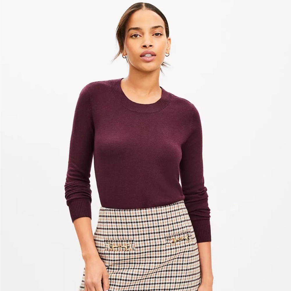 LOFT Luxe Knit Deep Plum Crew Neck Sweater